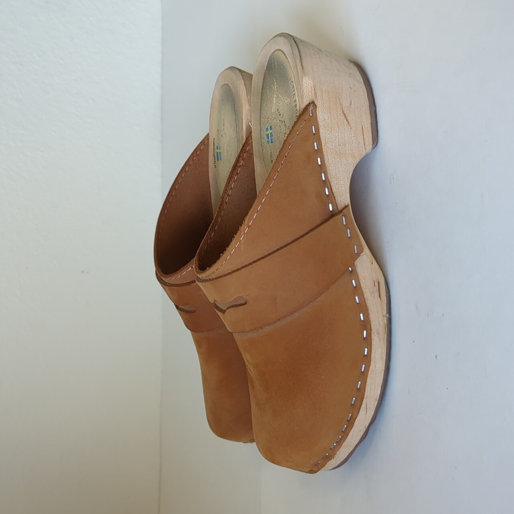 Lotta from Stockholm Tan Leather Low Wooden Clog - Size EU 38 or US 7-7.5